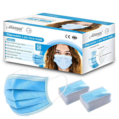 ALITMUN® 3 Ply Disposable Face Mask (Blue Color) with Adjustable Nose Pin & Soft Ear loop, 3 Layer Medical Surgical Mask 