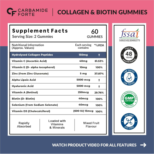 Carbamide Forte Collagen & Biotin  Mixed Fruit Flavour - 60 Biotin Gummies 