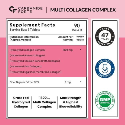 Carbamide Forte Multi Collagen Complex Type + Piperine | For Skin, Hair, Nails & Joints | Tablet