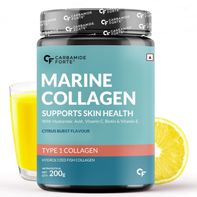 Carbamide Forte Marine Collagen Type 1 with Hyaluronic Acid & Vitamin C | For Skin, Hair & Nails | Flavour Citrus Burst   200g