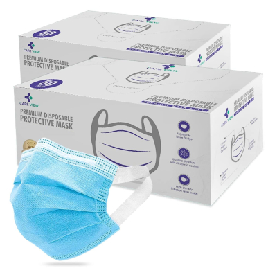 Careview 3 Ply Disposable Face Mask Box with FABRIC Earloop and built in Nose Pin (Pack of 100, BLUE)