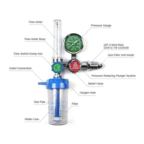 Deluxe Oxygen Cylinder Regulator with Flowmeter, Humidifier Bottle, and Nasal Oxygen Cannula