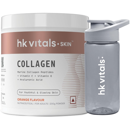 HealthKart Hk Vitals Marine Collagen Supplement Powder (Orange, 100G) & Sipper Bottle (Grey, 300Ml) | Combo Pack