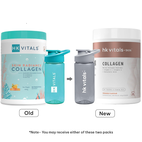 HealthKart Hk Vitals Marine Collagen Supplement Powder (Orange, 100G) & Sipper Bottle (Grey, 300Ml) | Combo Pack