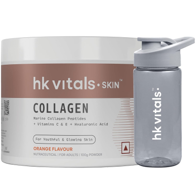 HealthKart Hk Vitals Marine Collagen Supplement Powder (Orange, 100G) & Sipper Bottle (Grey, 300Ml) | Combo Pack