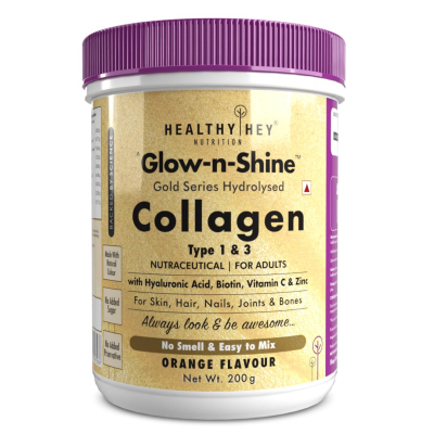 HealthyHey Skin Glow-n-Shine® Collagen Powder   Healthy Skin, Hair and Nails - (Orange, 200gm) 