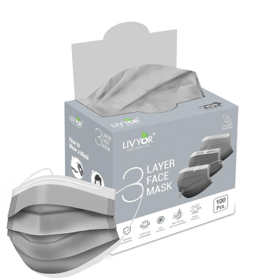 LIVYOR Non-Woven Fabric Disposable Surgical Mask With Nose Clip and Soft Ear Loops (Grey, Pack of 100) 