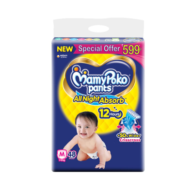 MamyPoko Pants All Night Absorb Baby Diapers Medium (M), 48 Count, 7-12 kg - Leak-Proof and Comfortable Overnight Protection