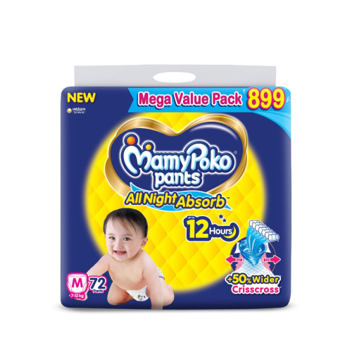 MamyPoko Pants All Night Absorb Baby Diapers Medium (M), 48 Count, 7-12 kg - Leak-Proof and Comfortable Overnight Protection