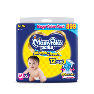 MamyPoko Pants All Night Absorb Baby Diapers Medium (M), 72 Count, 7-12 kg - 12 Hours Leak-Proof Protection for Your Baby