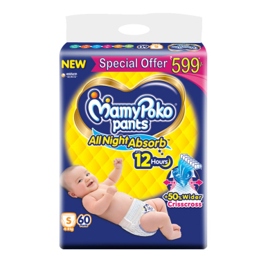 MamyPoko Pants All Night Absorb Baby Diapers Small (S), 60 Count, 4-8 kg - Leak-Proof and Dry Overnight Protection