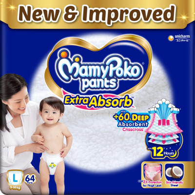 MamyPoko Pants Extra Absorb Baby Diapers, Large (L), 64 Count, 9-14kg - Leak-Proof Protection for Active Babies