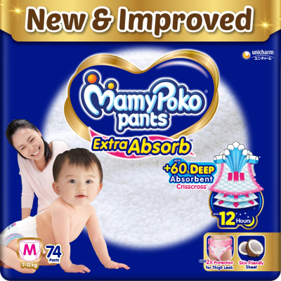 MamyPoko Pants Extra Absorb Baby Diapers Medium (M), 74 Count, 7-12 kg - Extra Absorbent and Leak-Proof Protection for Your Baby