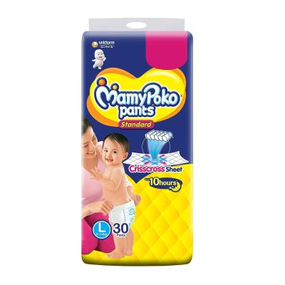 MamyPoko Pants Standard Baby Diapers, Large (L), 30 Count, 9-14 kg - Leak-Proof Comfort for Active Babies