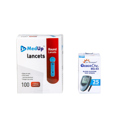 MedUp Round 100 Lancets with Dr. Morepen BG-03 25 Test Strips Combo (No Glucometer)