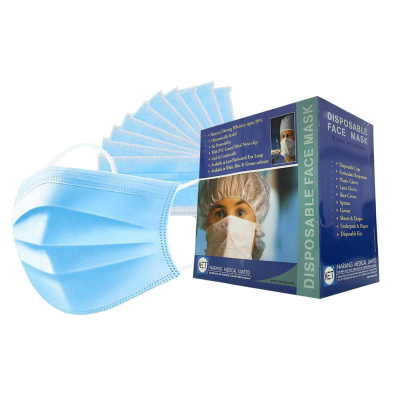 NET Non Woven 3 Layer Fabric Disposable Face Mask with Nose Clip (Blue) For Unisex-Pack of 100