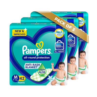 Pampers All Round Protection Pants, Medium (MD) Size, 42 Count - Anti Rash Diapers with Aloe Vera Lotion, Pack of 3