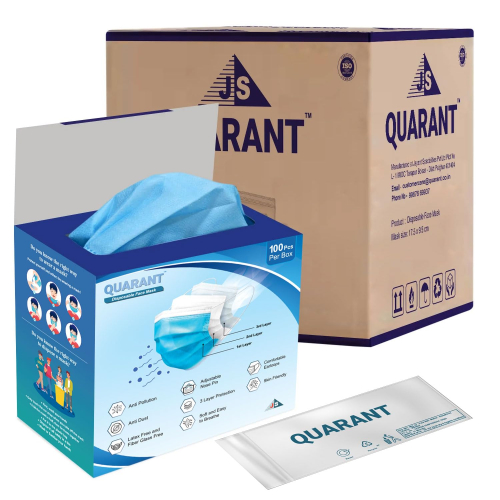 QUARANT Melt Blown - SMMS Fabric 3 Ply Disposable Face Mask with Nose Clip and Reusable Travel Pouch (Blue, Pack of 50)