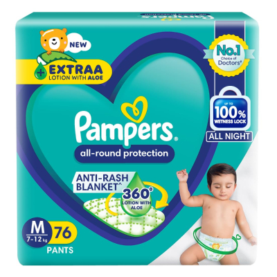 Pampers All Round Protection Pant Style Baby Diapers, Medium (M), 76 Count, 7-12 kg - Anti Rash Blanket with Aloe Vera Lotion