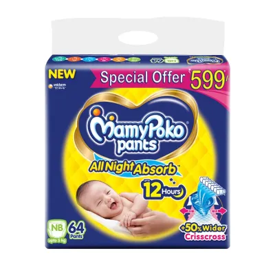 MamyPoko Pants All Night Absorb Baby Diapers, New Born/X-Small (NB/XS), 64 Count, Up to 5 kg - Night-Time Leak-Proof Protection for Newborns