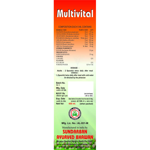 Sundarban Ayurved Bhawan Multivital Syrup for Anaemia, Weakness, and Stress | Health Growth Formula – 450ml